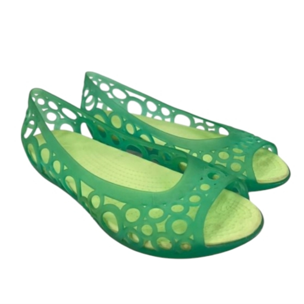 Crocs Adrina Green Jelly Cut Out Peep Toe Ballet Flats Shoes